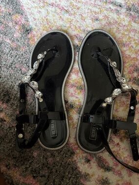 Black Jelly T-Strap Sandals with Gem Accents